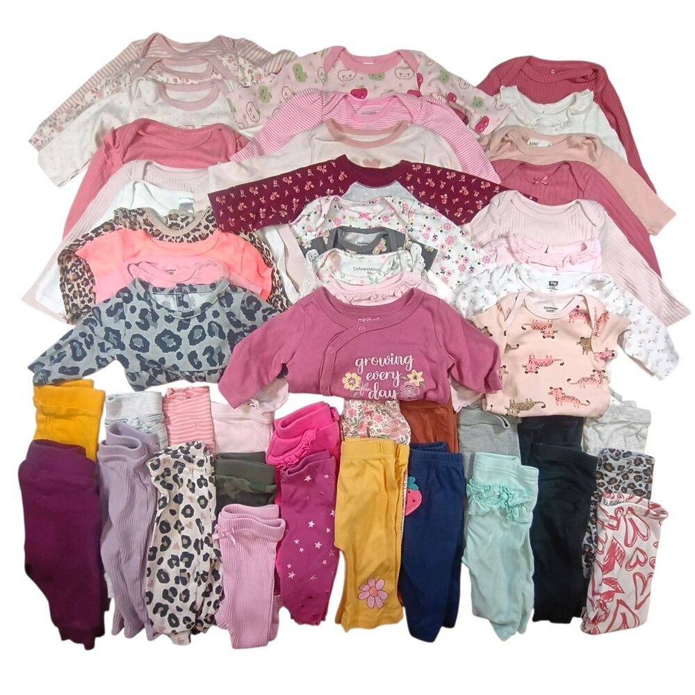 Huge Lot 0-3 Month Baby Girl Clothing 49pc Tops & Bottoms Brand Names Smoke Free